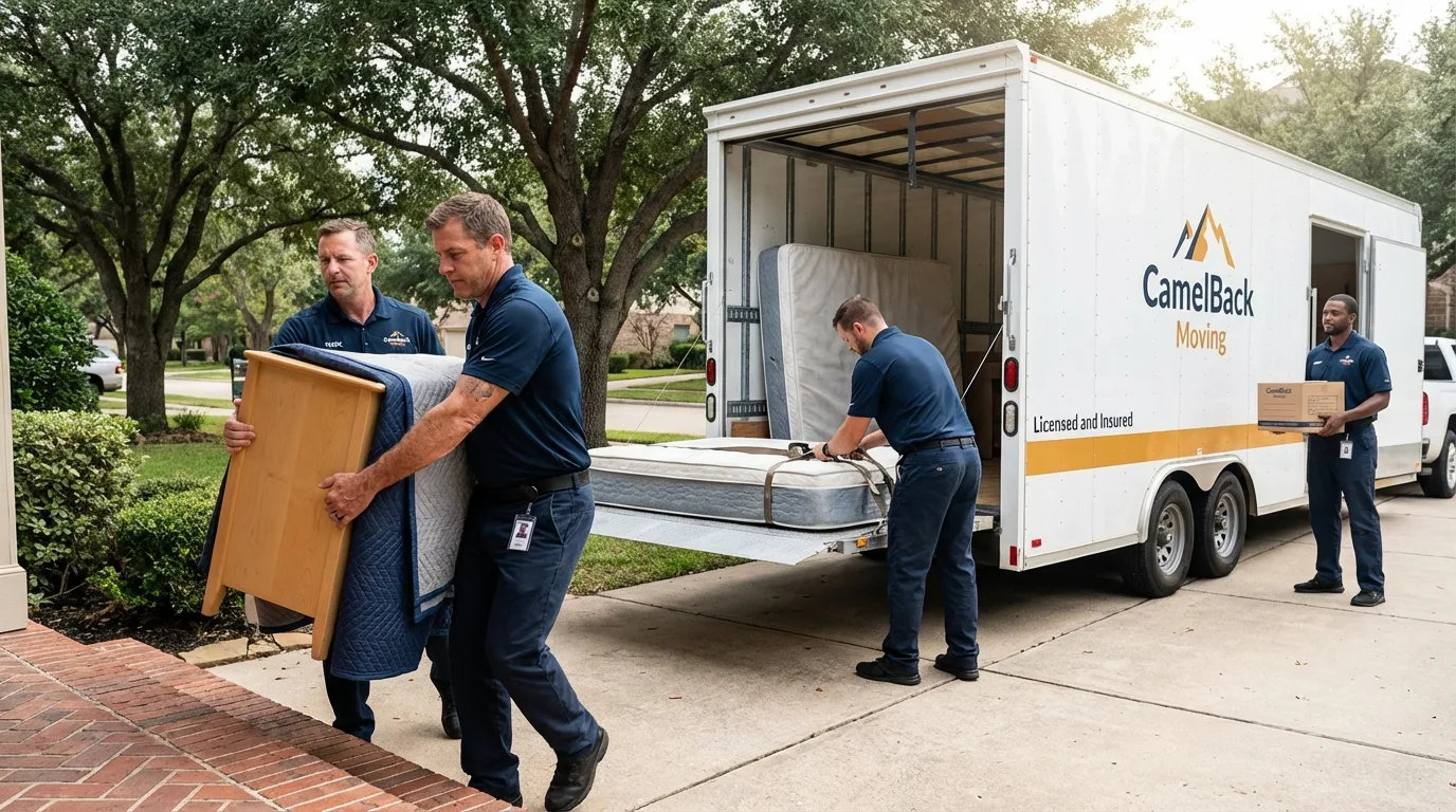 Crew loading residential truck for cross-state move from Woodlake, CA