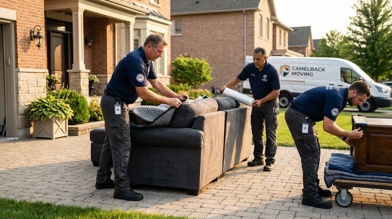 Large estate moving crew wrapping furniture in Woodlake, CA