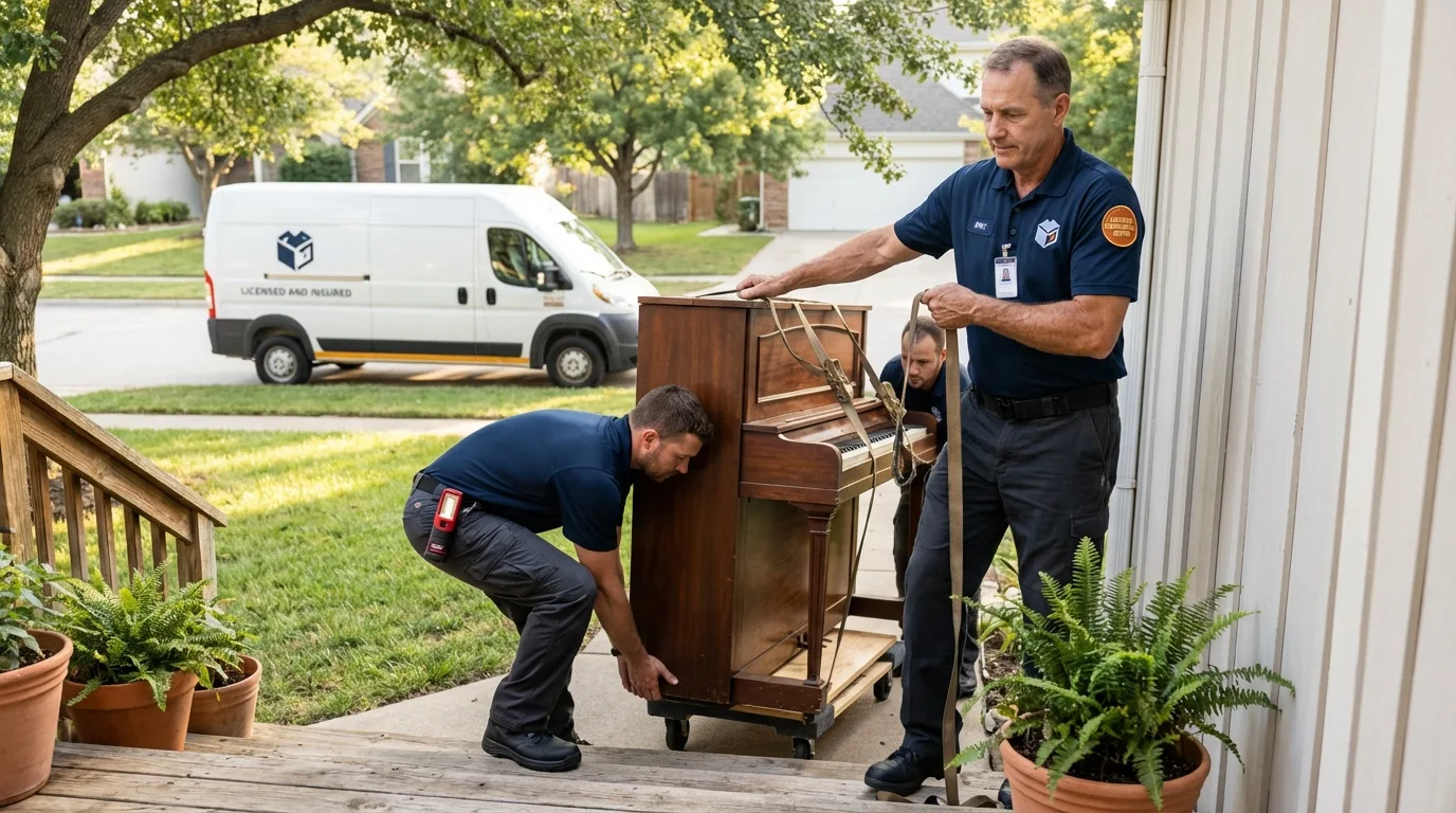 Licensed piano movers securing grand piano in Woodlake, CA
