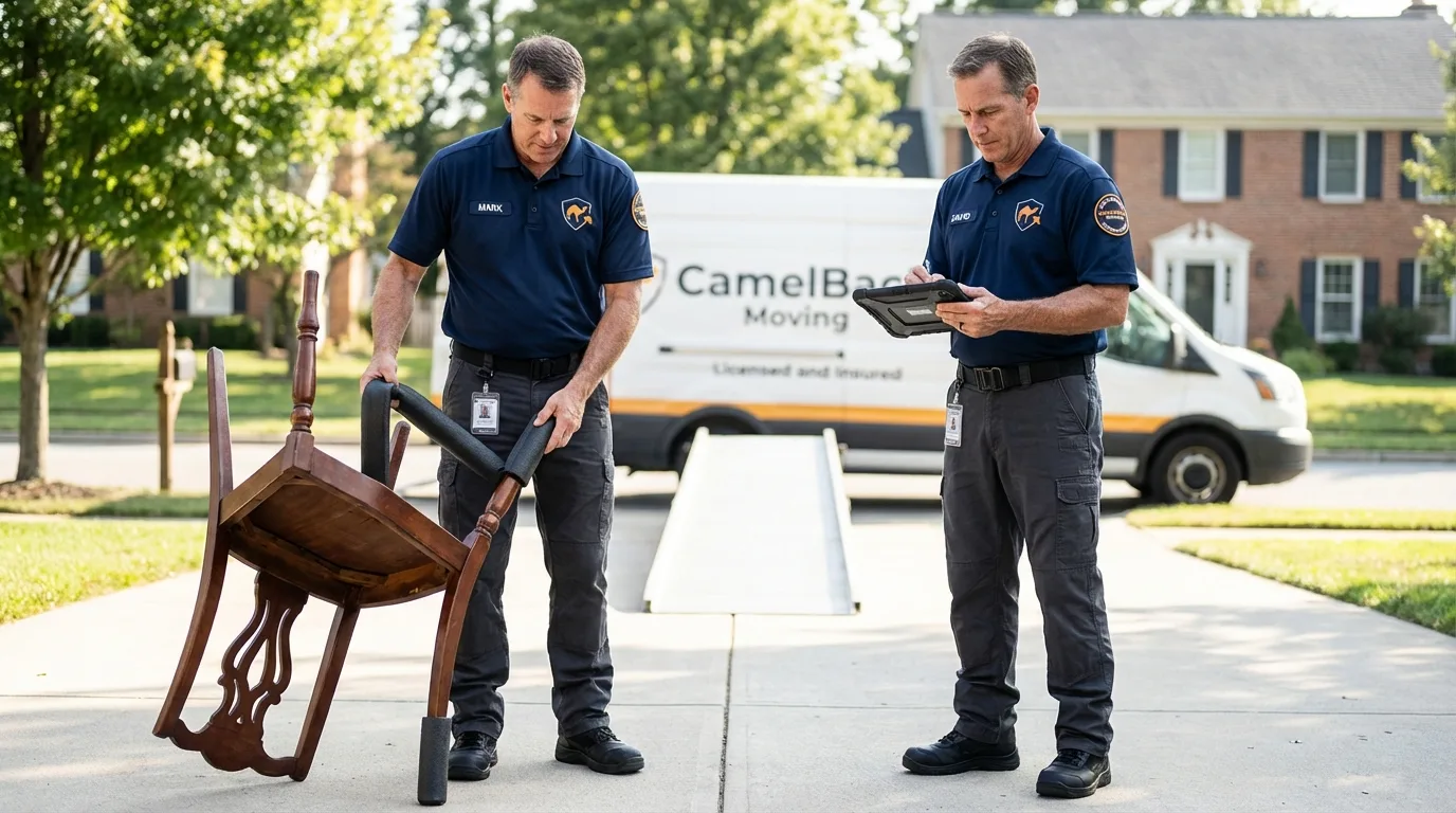 Movers inspecting furniture for damage prevention before loading in Woodlake, CA