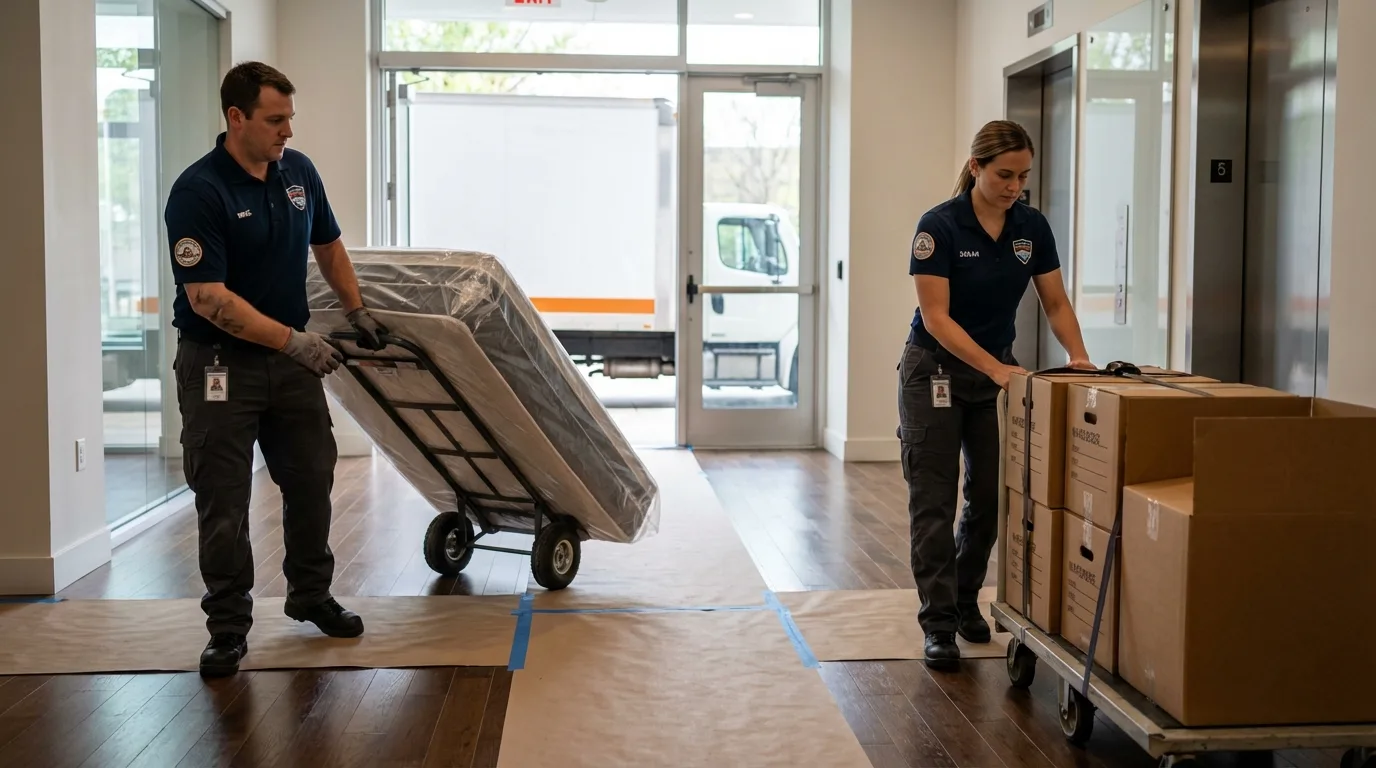 Professional apartment movers loading elevator in Woodlake, CA