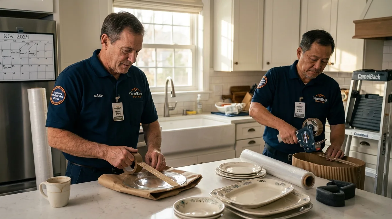 Professional crew packing kitchen dishware in Woodlake, CA